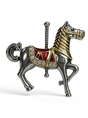 Carousel Horse Pin Brooch in Silver, Gold and Red